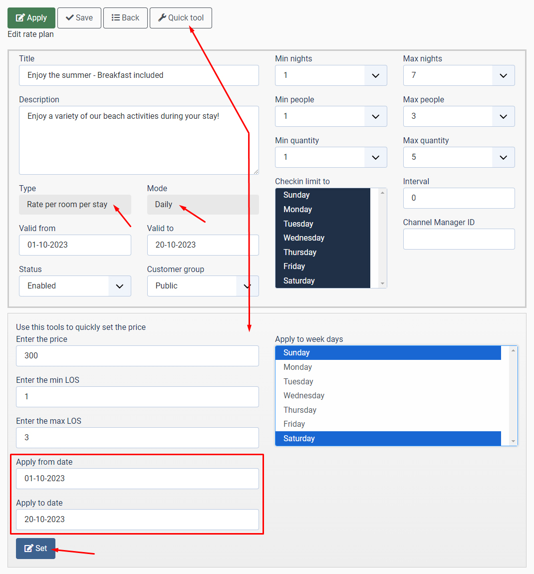 Min and max length of stay requirement per day